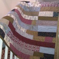 modern patchwork handmade quilt in stripes of blue burgundy and brown  boys quilt lap quilt