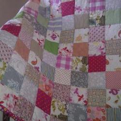 patchwork quilt girls quilt baby  quilt  nursery  coloured squares with reversible deep pink daisy print